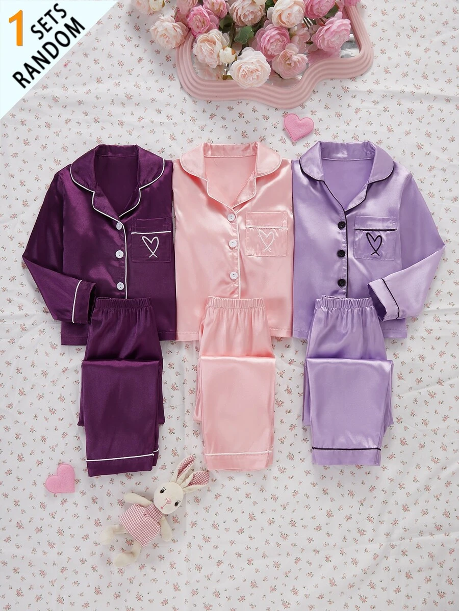 SHEIN 女童純色緞面簡約口袋愛心印花長袖開襟外套配長褲休閒居家服 3 套隨機發貨 1 - 淺灰紫 - 查看 1
