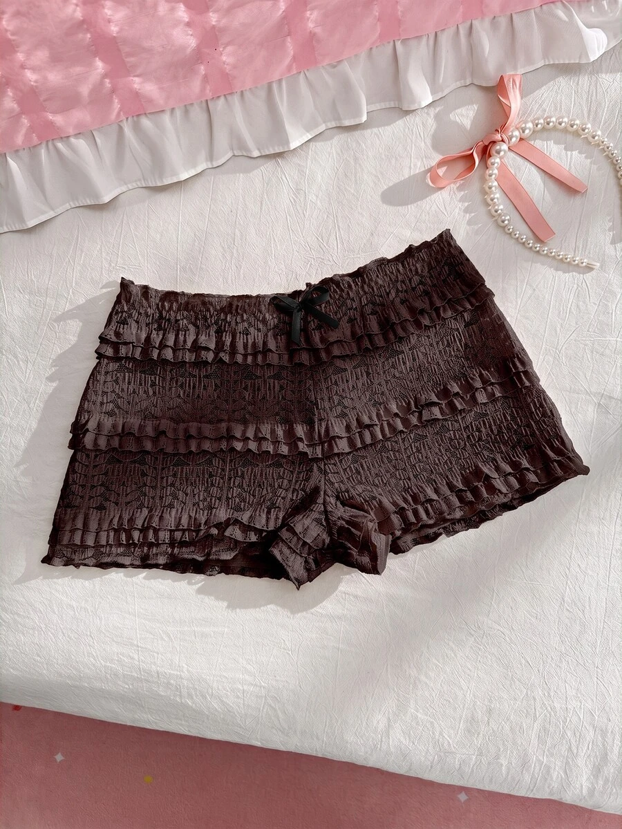 PetitDoll Lace Girl's Cute Bow Cake Dress With Four-Corner Panties - Brown - View 1