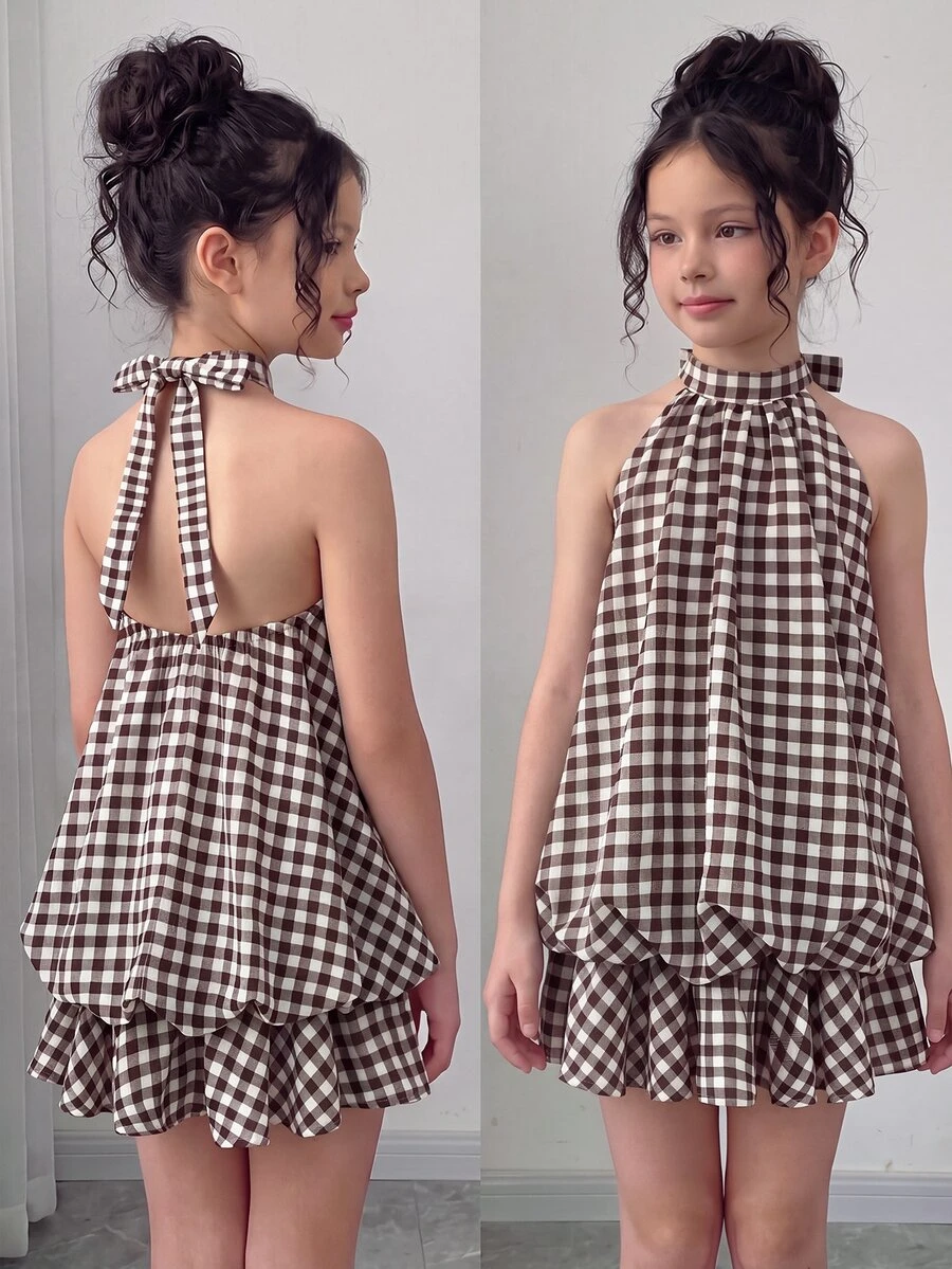 SHEIN Tween Girl Tween Girl Tween Girl Plaid Khaki Halter Tie Mini Dress - Khaki - View 1