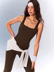VARSIVA 女款極簡方領修身運動連身褲瑜伽服 - 棕色 - 查看 4