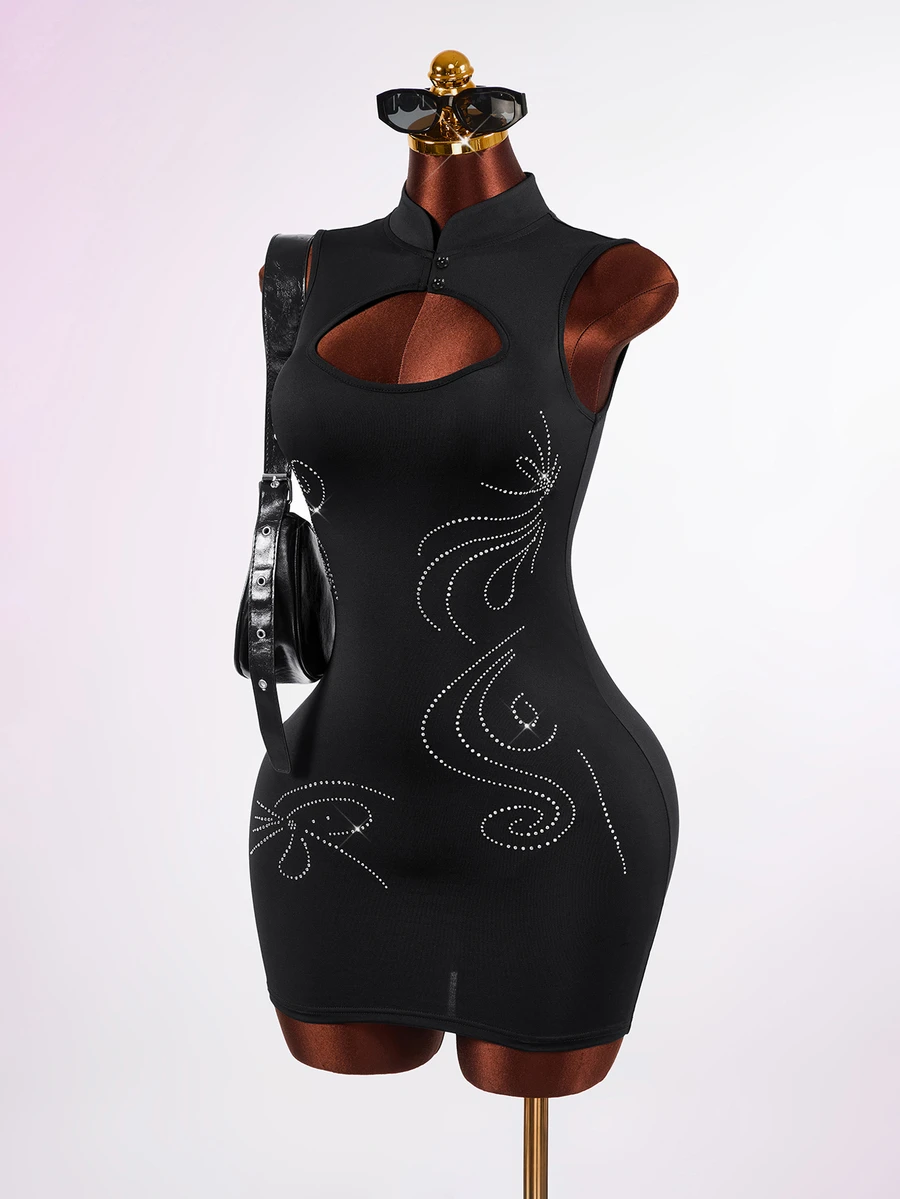 Mistrie Women's Cutout Sexy Rhinestone Dress - Black and White - View 1