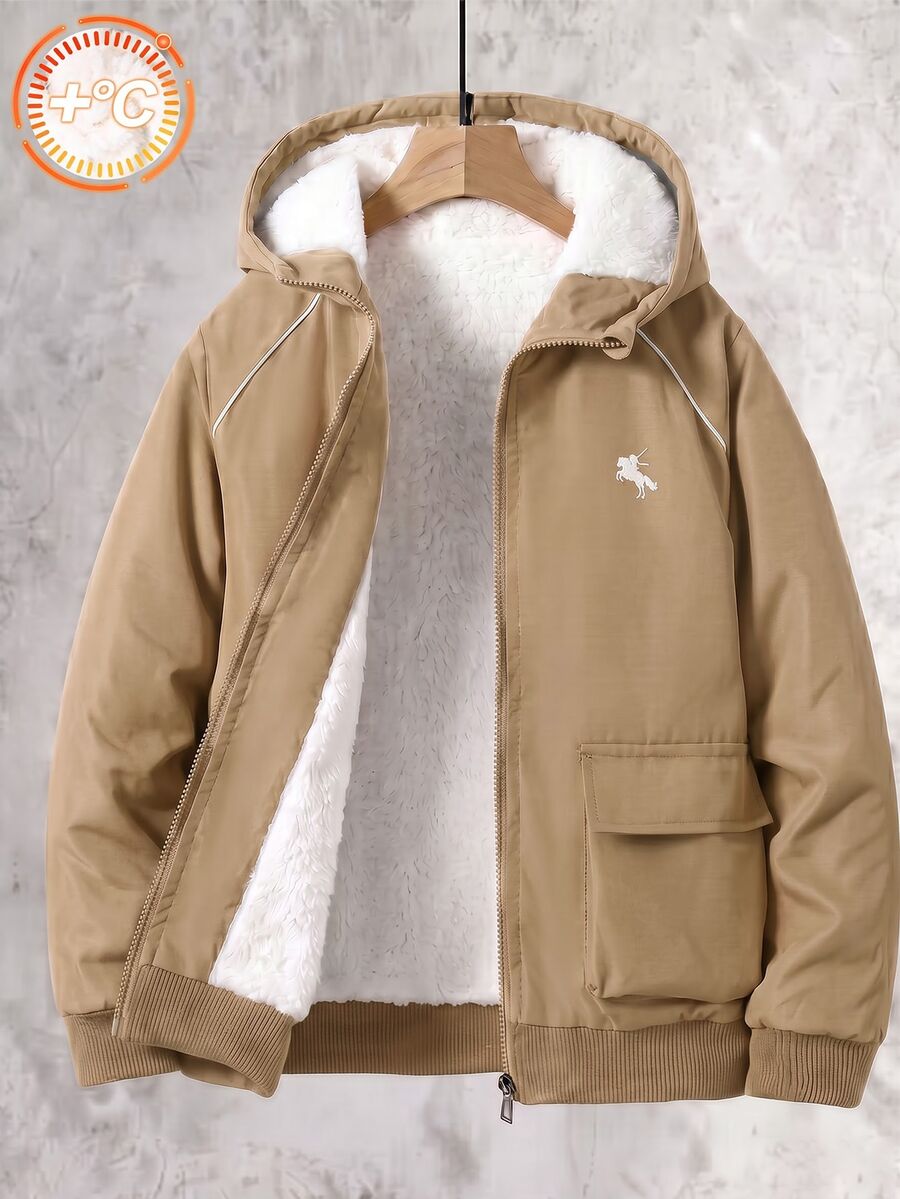 SHEIN Coolqubz 青少年男孩騎士印花長袖休閒保暖內裡連帽夾克 冬季 - 卡其色 - 查看 1