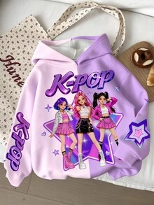 女孩休閒可愛童裝 卡通女孩組合 K-Pop 超級巨星 亮星紮染款 加厚柔軟 秋冬款 - 彩色 - 查看 2