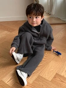 Dazy Kids Young Boy Solid Color Zip-Up Hooded Jacket And Pants Casual Set - Navy Blue - View 6