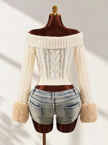 Mistrie Women's Cable Knit Off-Shoulder Patchwork Fuzzy Cuff Fashion Sweater - White - View 2