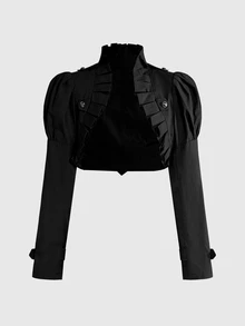 ROMWE Goth Cropped Ruffle Trim Button-Up Vintage Court Style Blouse - Black - View 1