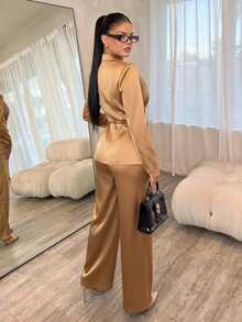 Vavine Gold-Trimmed V-Neck Waist-Cinching Two Pieces Set For Women, High-End Wide-Leg Pants - Gold - View 2