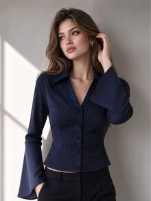 INAWLY Áo sơ mi dáng ngắn cổ bẻ cổ chữ V tay loe họa tiết kẻ sọc cho tiệc Giáng Sinh & Valentine - Màu xanh hải quân - Xem 5