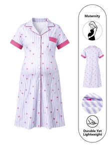 Moonlight&Mama Grey & White Vertical Striped All-Over Print Pink Heart Contrast Trim Lapel Cardigan Short Sleeve Maternity Loose Fit Nightgown Loungewear - Dusty Purple - View 3
