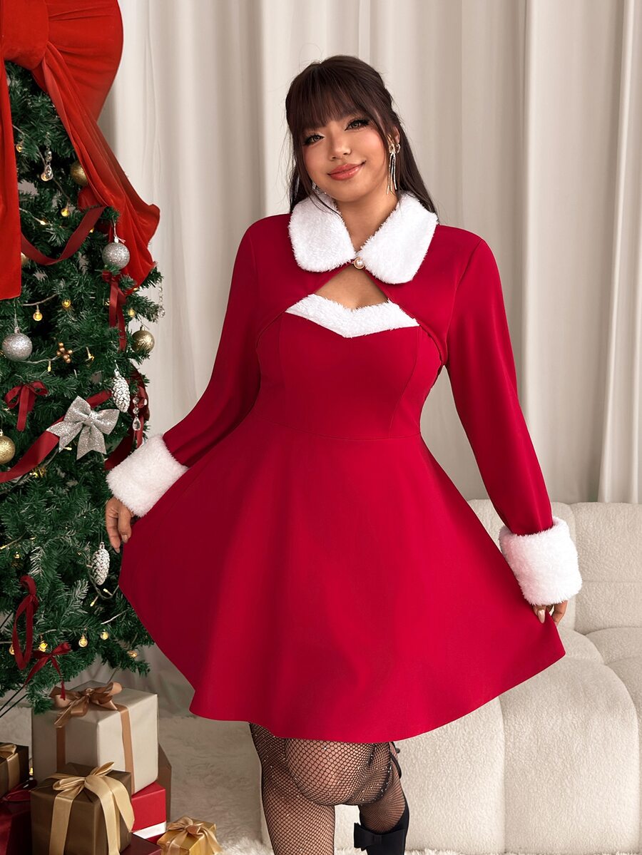 GalTyme Plus Size Women's Colorblock Casual Red Christmas Dress Christmas Party Winter/Fall - Red - View 1