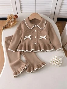 SHEIN Baby Girl 2pcs Knit Sweater Set, Turn-Collar Cardigan, Camel/Khaki Color, Versatile Daily Wear, Handmade Bow, Exquisite Cute Knitted Pants, Comfortable For Outings And School - Khaki - View 3
