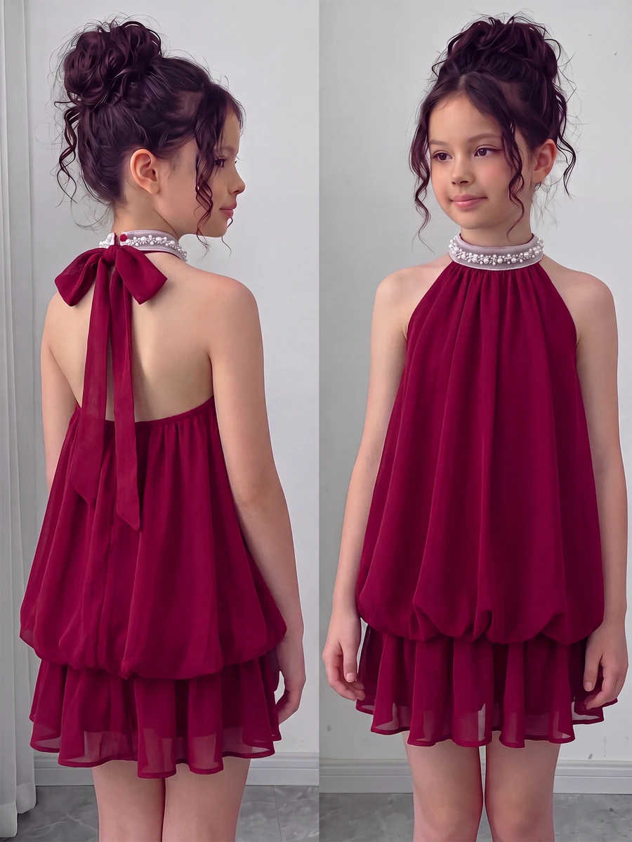 Tween Girl Burgundy Velvet 3D Bow Decor Cinched Waist Ruched Full Skirt Princess Dress Tank Dress Suitable For Party, Gathering, Daily, Halloween, Christmas - Red - View 1