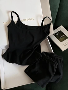 Franclia Women's Casual Vacation Solid Color Camisole Top And Shorts 2 Pieces Set - Black - View 2