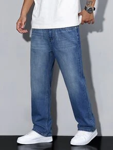 QuarKem Men's Medium Blue Faded Washed Loose Straight Leg Jeans, Vintage Distressed Denim Pants - Blue - View 1