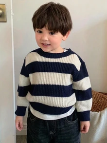 Dazy Kids 幼童男童休閒條紋圓領寬鬆針織毛衣，秋冬款 - 藏蓝色 - 查看 4
