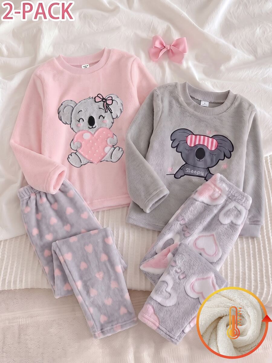 SHEIN 2pcs/Set Girls Fashion Cartoon Koala & Heart Print Long Sleeve Fleece Pajama Set, Winter Flannel Pajama Set. Bow Pajama Set, Girls Loungewear Set - Pink - View 1