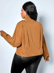 SOLERSUN Plus Size Short Orange Jacket, Stand Collar, Shoulder Patch Design, Long Sleeve, Front Pleated Design, Autumn Casual Short Jacket - Brown - View 4