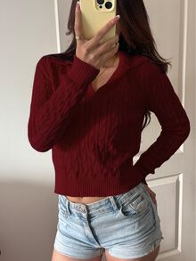 Flirla 女款復古淡黃色休閒抽繩長袖軟針織毛衣，超時髦可愛，秋冬必備女裝 - 紅色 - 查看 6