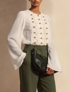 Vesra Women's Autumn Chiffon Napoleon Court Style Metal Button & Frog Closure Apricot Fashion Elegant Flared Sleeve Round Neck Blouse - Apricot - View 6