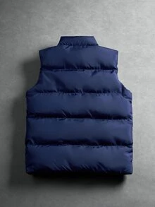 Manfinity Roghcode 男士立領棉質背心，無袖拉鍊絎縫休閒夾克，適合秋冬，馬刺繡設計，寬鬆街頭風，適用日常穿著與外出，送給朋友、男友與家人的禮物 - 藍色 - 查看 2