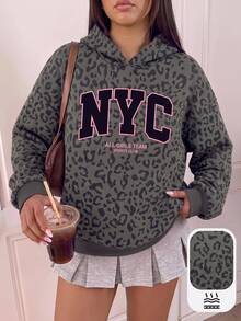 Solflare 女款冬季連帽運動衫，黑色與粉色復古美式豹紋對比色字母 NYC 圖案，秋季日常休閒 Y2K 風格 - 彩色 - 查看 5