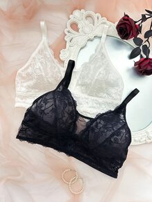 SHEIN Plus Size Women's Lace & Mesh Sexy Lingerie Wireless Bra 2-Piece Set - Black and White - View 1