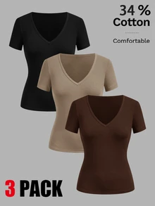 SHEIN EZwear 3件組女款純色V領短袖休閒T恤 - 彩色 - 查看 2
