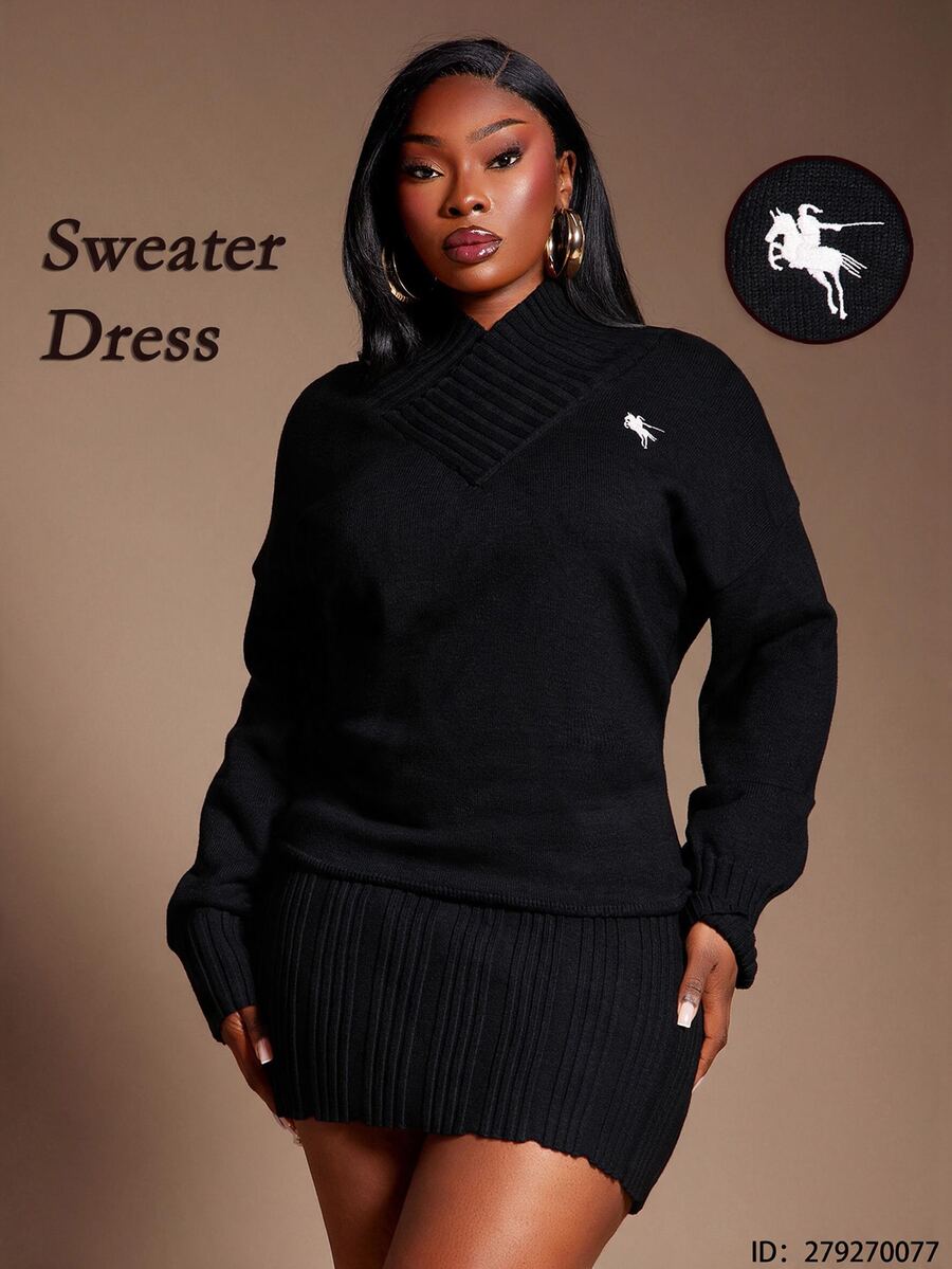 SHEIN SXY Plus Size Women's Elegant Overlap V-Neck Logo Embroidered ...