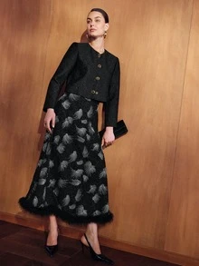 MOTF PREMIUM Chân váy dáng chữ A thanh lịch trang trí lông vũ thêu - màu đen - Xem 3