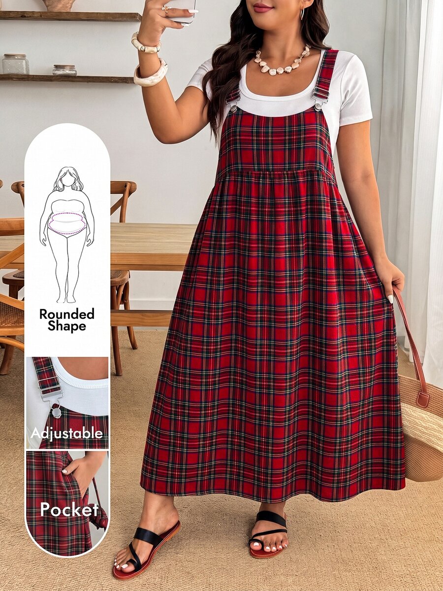 Enliva Plus-Size Women's Fashionable And Versatile Plaid Pocket Dress, Holiday Style Apple,Rounded Body - Multicolor - View 1