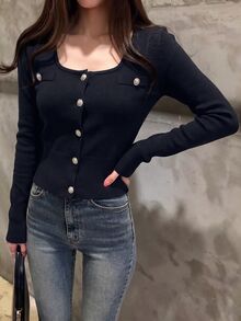 INAWLY Women's Single-Breasted Casual Versatile Daily Wear Cardigan - Black - View 4