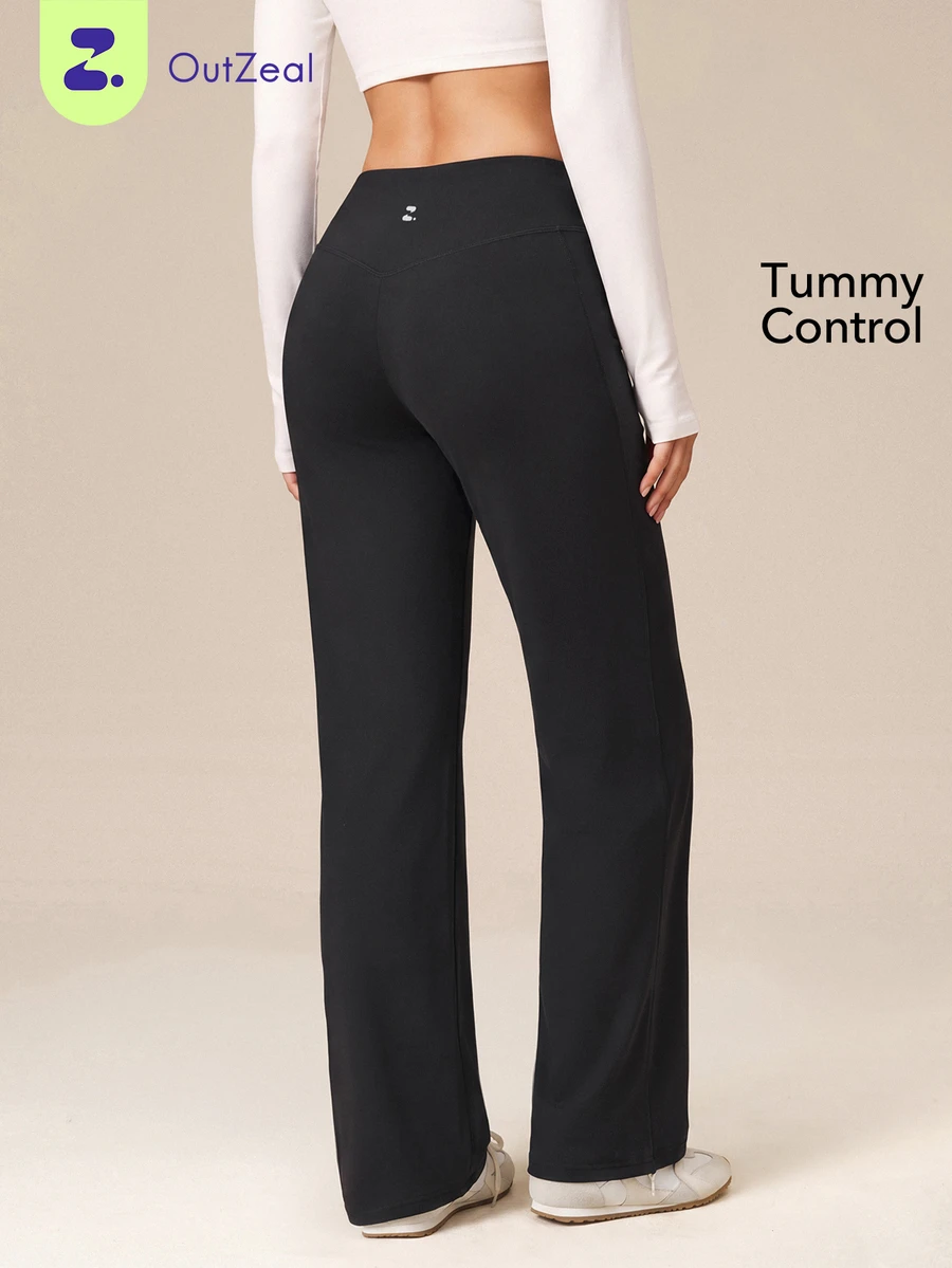 OutZeal Women Outdoor Leggings Gym Workout Casual Tummy Control Low Rise Waist Wide Leg Pants - Black - View 1