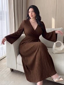Feyla Plus Size Women Solid Color V-Neck Ruched Elegant Waist-Cinching Party Dress - Coffee Brown - View 7