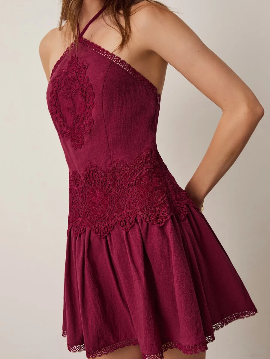 Willow Rêve Women's Embroidered Lace Halter Neck Black Mini Dress - Burgundy - View 1