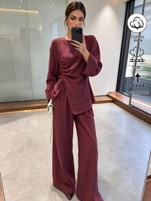 Elenzga Women's Minimalist Drawstring Pleated Top And Loose Pants Set - Burgundy - View 4