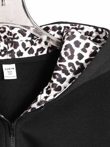 SHEIN 青少年女孩秋冬黑色對比色抓絨內裡拼接豹紋雙層設計休閒寬鬆套頭運動衫，極簡設計，適合休閒與運動 - 黑色 - 查看 3