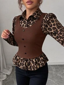 Selianne 女款棕色豹紋拼接黑色羅紋布料翻領收腰顯瘦設計 2合1 高端優雅教師穿搭 日 Cyber Monday 萬聖節 單身派對 聖誕前夕 聖誕節 萬聖節 感恩節 聖誕穿搭 秋季襯衫 秋季上衣 秋季服飾 新款必備時尚單品 小眾設計 百搭風格 - 彩色 - 查看 6