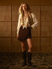 MOTF STUDIO WOMEN'S AUTUMN/WINTER WESTERN STYLE SUEDE FRINGE STUDDED MINI SKIRT - Mocha Brown - View 5