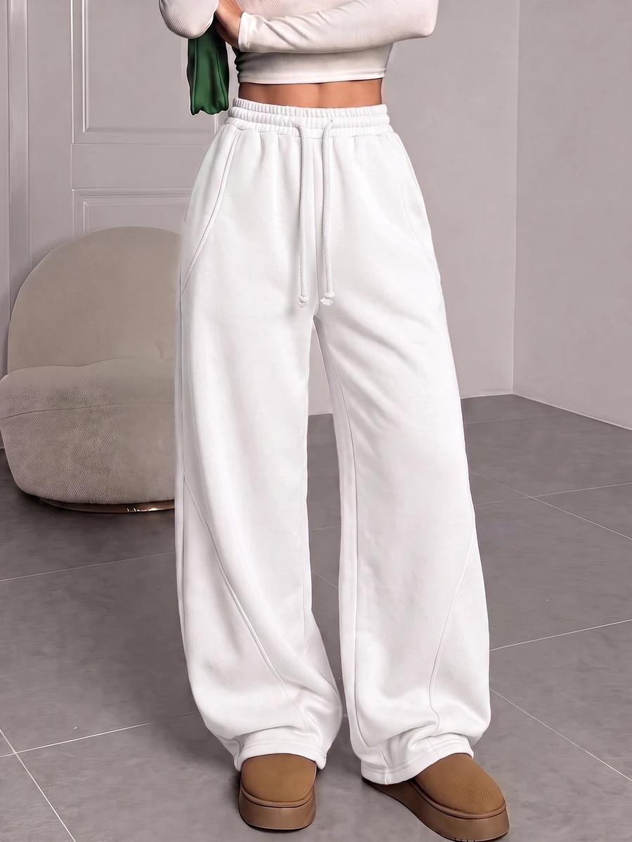 SHEIN Teen Girl Sweatpants, Summer Knit Loose Casual Drawstring Pocket Wide Leg, White Pants, Basketball Commute, Back To School Season Back-To-School - White - View 1