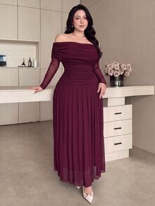 Feyla Plus Size Elegant Pleated Off-Shoulder Dress - Rusty Rose - View 7