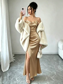 Elenzga Women's Summer Elegant Solid Color Off-Shoulder Spaghetti Strap High Slit Dress - Khaki - View 4