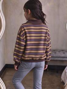 女童半拉鍊復古條紋經典運動衫上衣，適合春季、秋季、冬季，開學季、旅行、度假、聖誕節、感恩節、2027新年，紫色與黃色條紋 - 彩色 - 查看 2