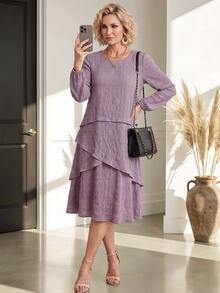 Miaspire Solid Color Round Neck Long Sleeve Casual Dress For Middle-Aged And Elderly Women - Dusty Purple - View 3