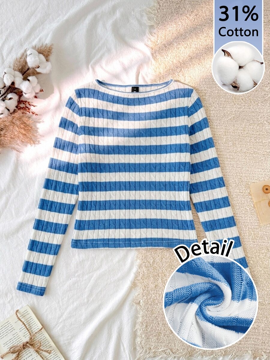 Tseoso 31 Linen Floral Blue And White Striped Women's Off-Shoulder Long Sleeve T-Shirt, Suitable For Autumn/Winter, Base Layer Brunch French Chic - Blue and White - View 1