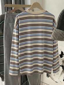 Muvela Women's Casual Loose Long Sleeve T-Shirt, Striped T-Shirt - Multicolor - View 2