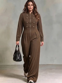 Linhara CURVE Plus Size Woven Elegant Autumn One-Piece Pants - Coffee Brown - View 4