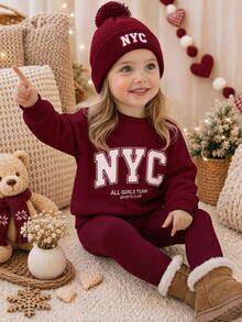 Baby Girl Letter Print Crew Neck Sweatshirt And Leggings 2 Pieces Set For Outings And School - Multicolor - View 3
