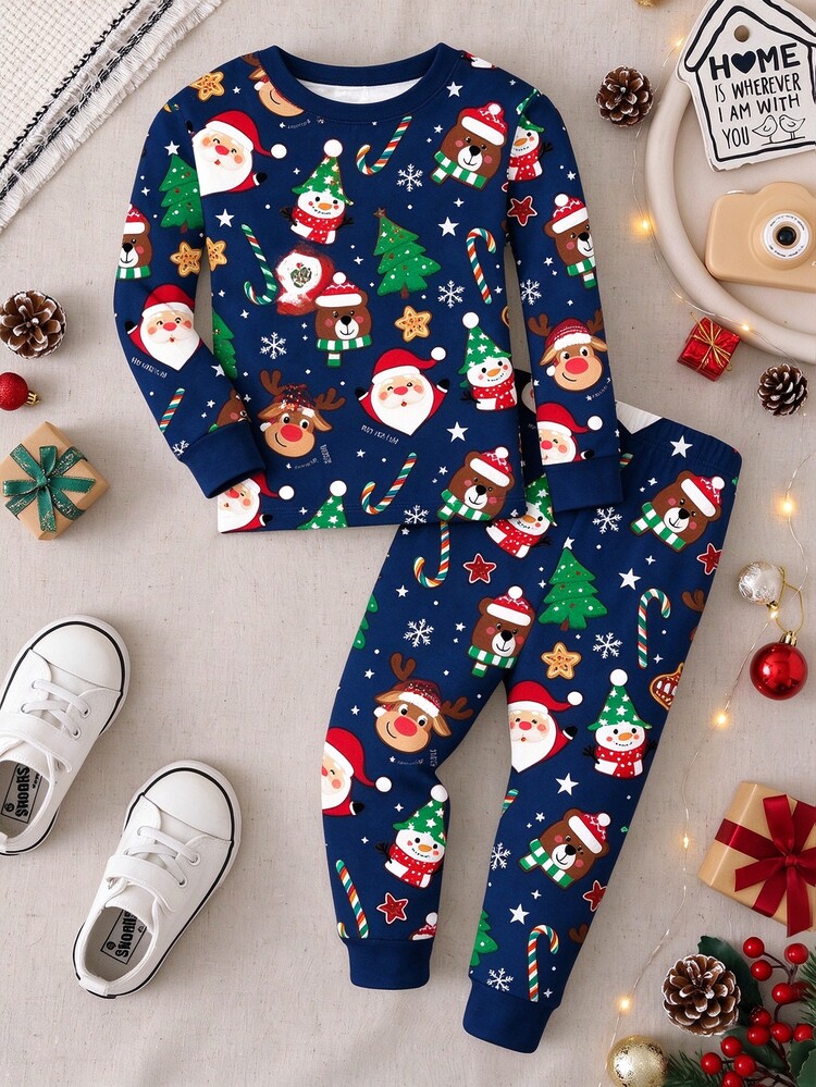 Young Boy Christmas Snowman Print Long Sleeve Top And Pants Loungewear Set - Multicolor - View 3