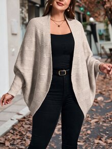 EMERY ROSE Plus Size Women's Autumn/Winter Asymmetrical Leg-Of-Gigot Sleeve Batwing Knit Cardigan Jacket - Khaki - View 1
