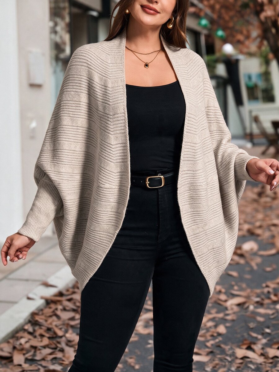 EMERY ROSE Plus Size Women's Autumn/Winter Asymmetrical Leg-Of-Gigot Sleeve Batwing Knit Cardigan Jacket - Khaki - View 1